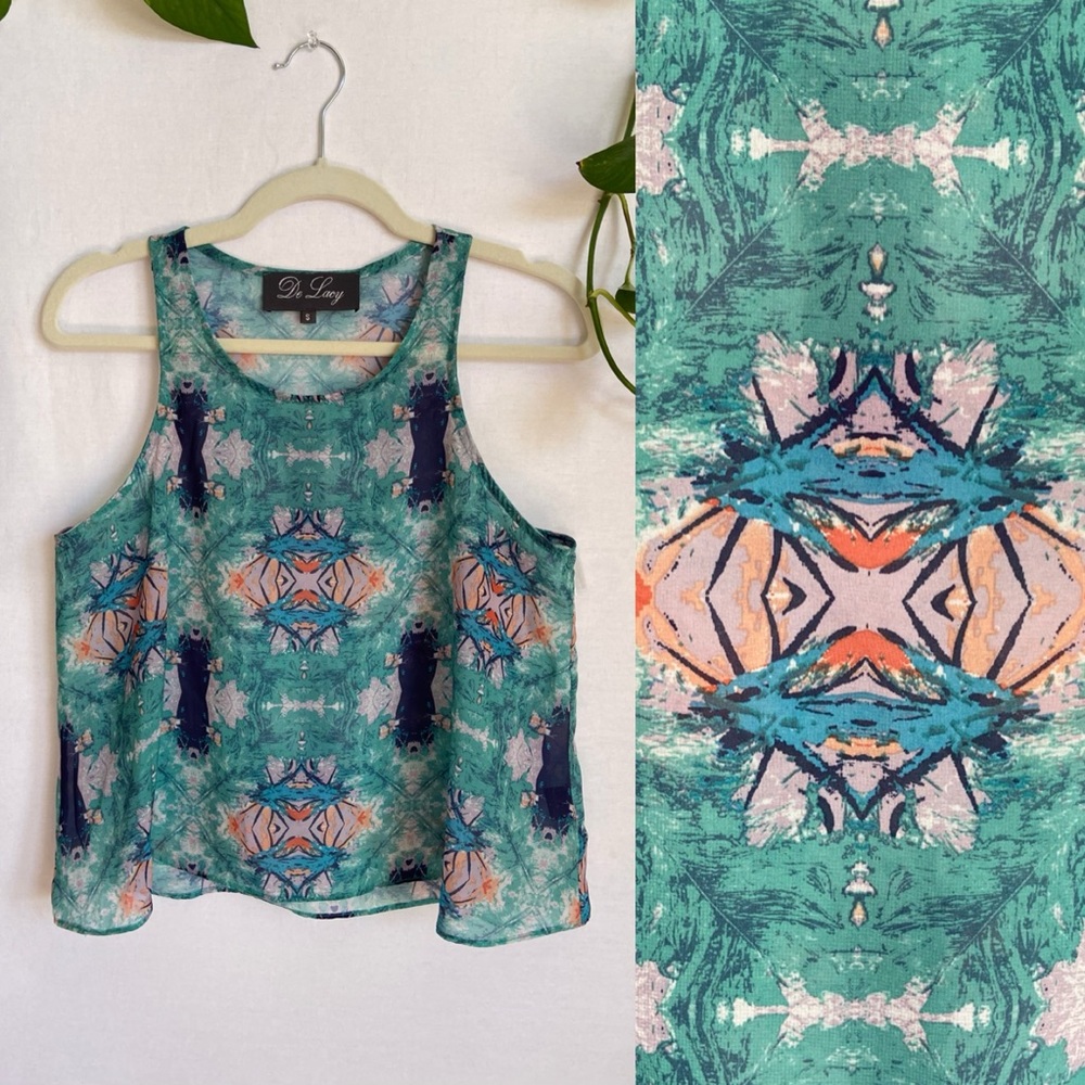 VINTAGE • 90s Silk Chiffon Tank Top Abstract Bohemian Blouse Hippie Ethnic S